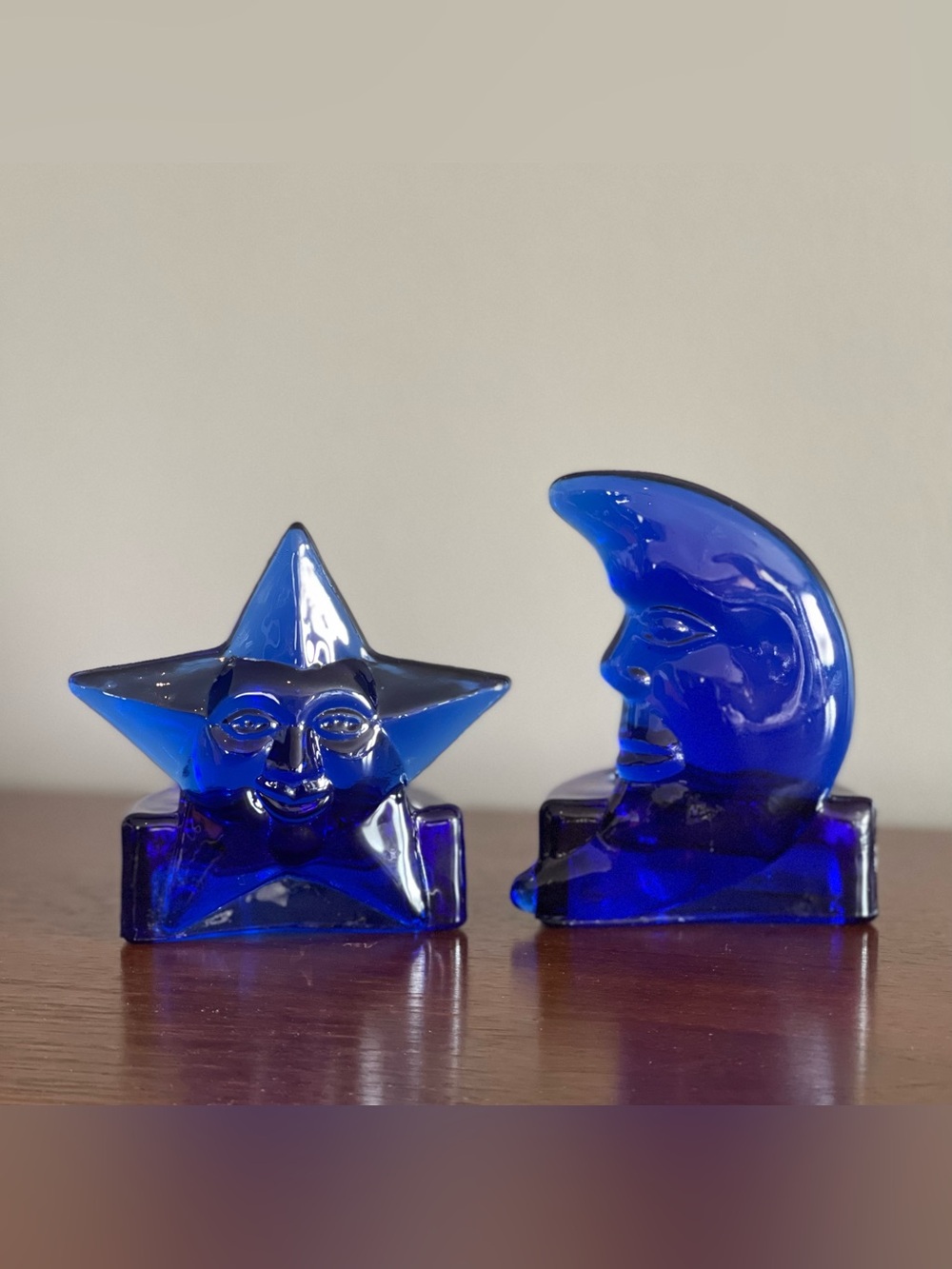 Vintage Cobalt Blue Celestial Glass Star and Moon Tealight Holders - Set of 2